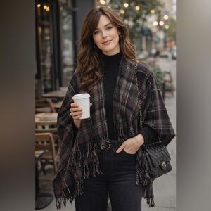 Cashmere and Cotton Purple Black and White Plaid Fringe Shawl Wrap